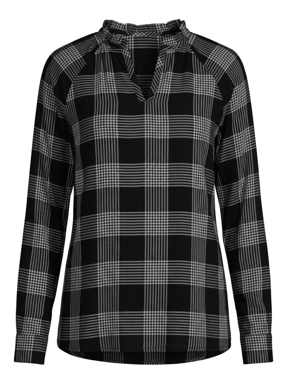 Loft Black Gray Plaid Ruffle Neck Long Sleeve Top Women Petite Size MP